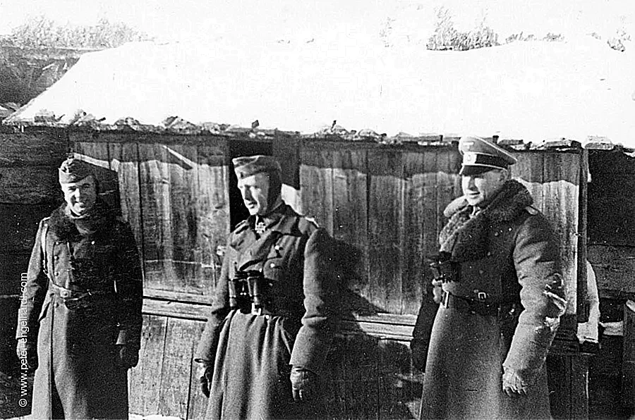Bataillons-Gefechtsstand Lkrekino im Winter 1941-42, die Generale Albrecht Wodrig und Otto Tiemann.