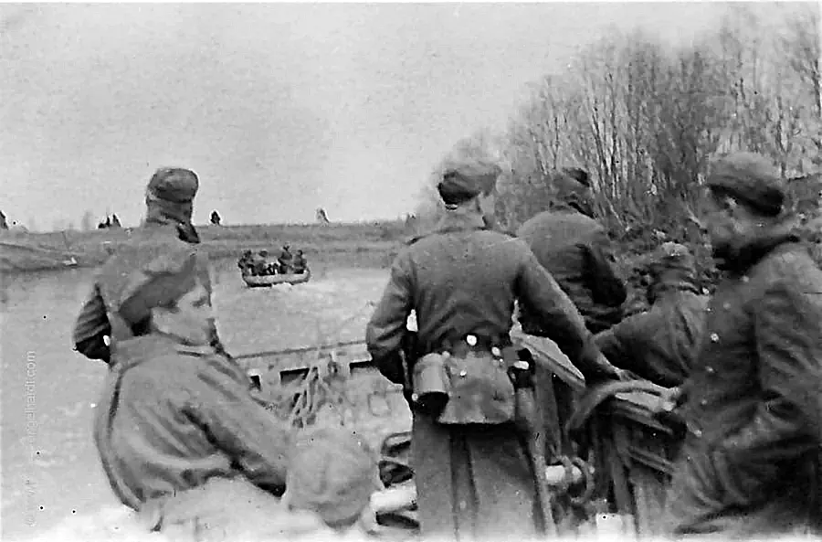 View from an assault boat on the Volkhov River towards a boat ahead, June 1942.