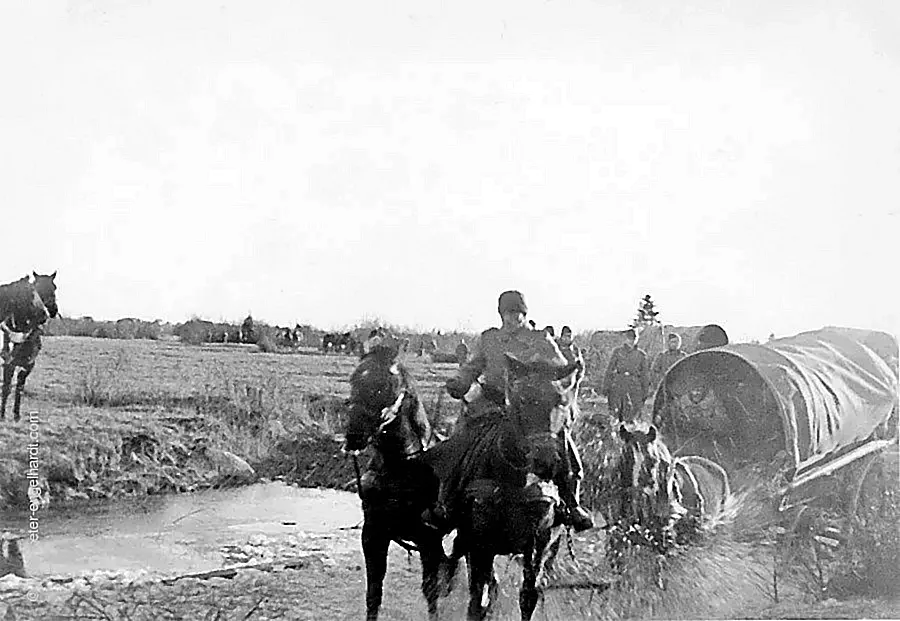 Beim Vormarsch nach Kholm November 1942 durchfährt eine Vierergespann einen kleinen Fluß.