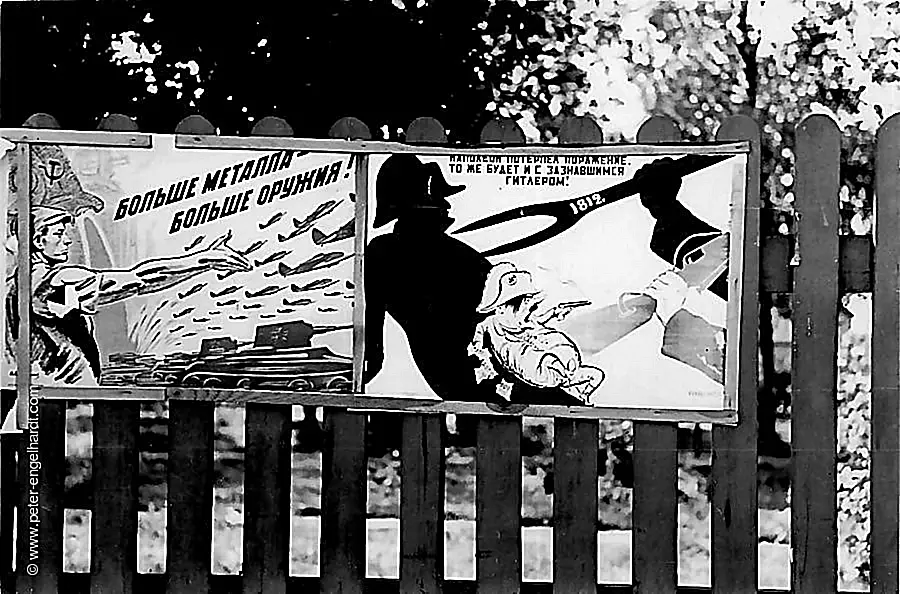 Soviet propaganda in a captured village; undated, likely 1942.