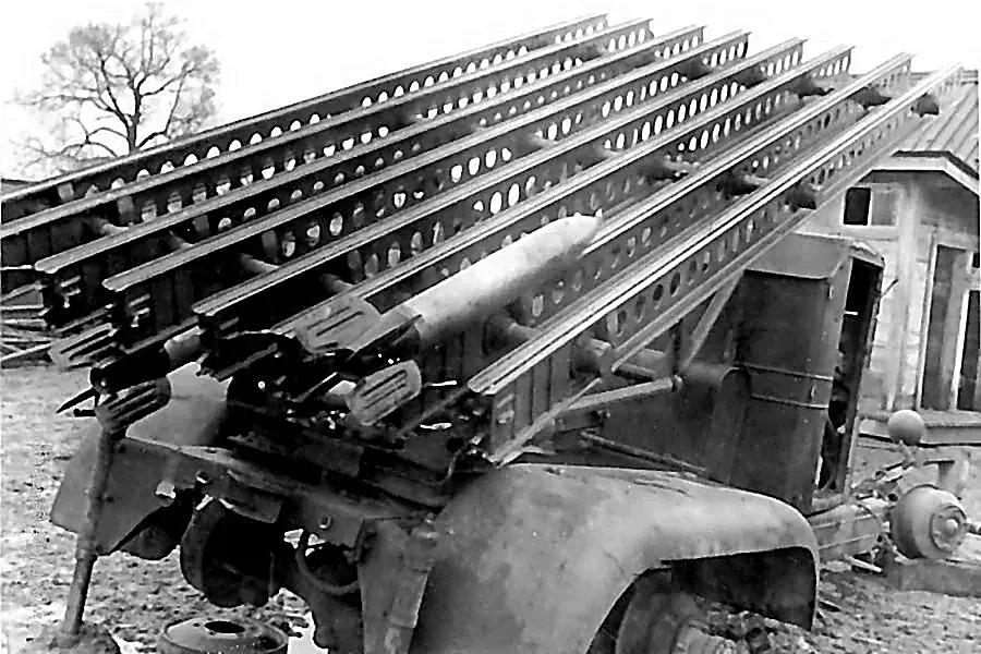 Launcher frame and rockets from a Russian rocket launcher (Katyusha) mounted on a truck; undated, 1942 or 1943.